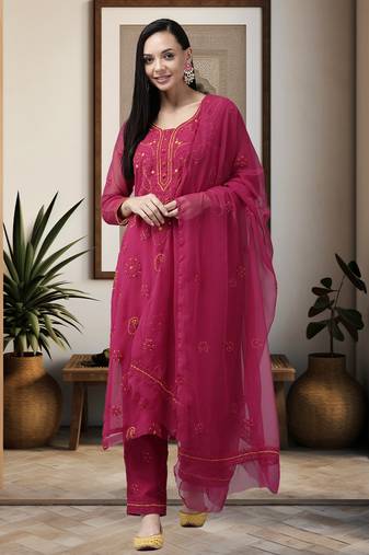Ada Hand Embroidered Magenta Georgette Lucknowi Chikankari Women Unstitched Suit Piece - A211187