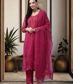 Ada Hand Embroidered Magenta Georgette Lucknowi Chikankari Women Unstitched Suit Piece - A211187