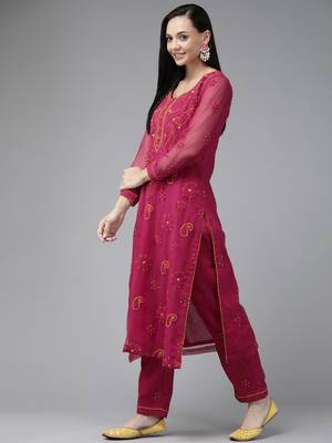 Ada Hand Embroidered Magenta Georgette Lucknowi Chikankari Women Unstitched Suit Piece - A211187 3