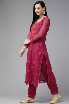 Ada Hand Embroidered Magenta Georgette Lucknowi Chikankari Women Unstitched Suit Piece - A211187