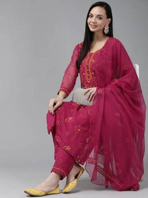 Ada Hand Embroidered Magenta Georgette Lucknowi Chikankari Women Unstitched Suit Piece - A211187 4
