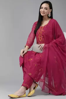 Ada Hand Embroidered Magenta Georgette Lucknowi Chikankari Women Unstitched Suit Piece - A211187