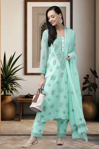 Ada Hand Embroidered Sea Green Georgette Lucknowi Chikankari Women Unstitched Suit Piece - A211186