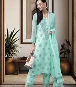 Ada Hand Embroidered Sea Green Georgette Lucknowi Chikankari Women Unstitched Suit Piece - A211186