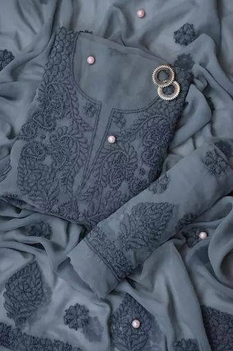 Hand Embroidered Grey Georgette Lucknowi Chikankari Women Unstitched Suit Piece