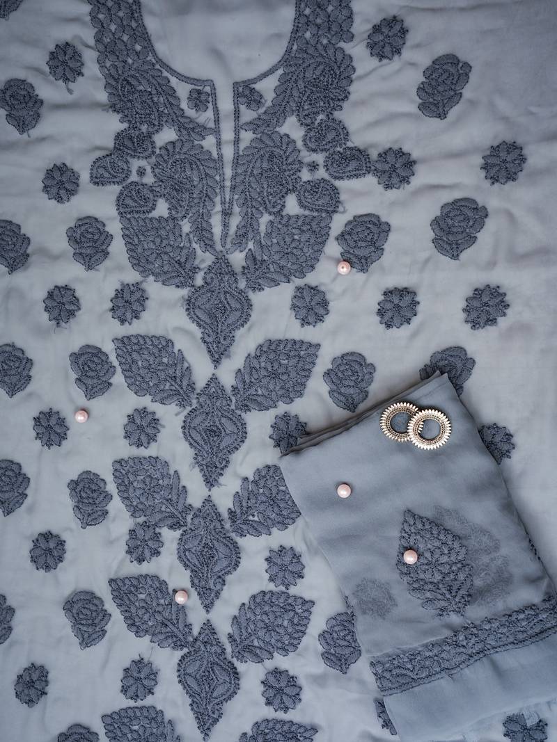 Hand Embroidered Grey Georgette Lucknowi Chikankari Women Unstitched Suit Piece