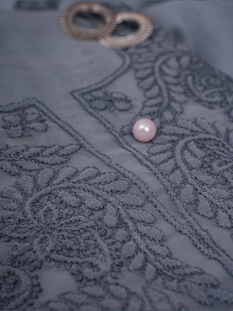 Hand Embroidered Grey Georgette Lucknowi Chikankari Women Unstitched Suit Piece