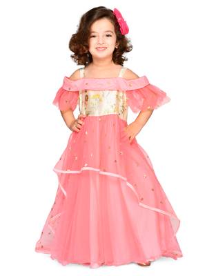 Pink embroidered jacquard kids-girl-gowns 1