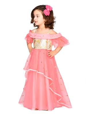 Pink embroidered jacquard kids-girl-gowns 3