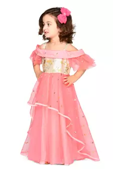 Pink embroidered jacquard kids-girl-gowns
