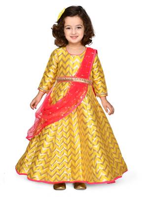 Yellow hand woven jacquard kids-girl-gowns 1