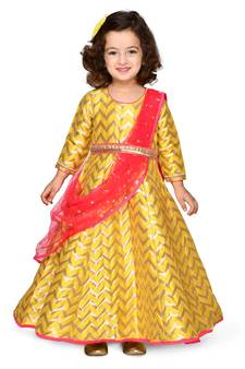 Yellow hand woven jacquard kids-girl-gowns