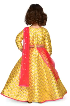 Yellow hand woven jacquard kids-girl-gowns