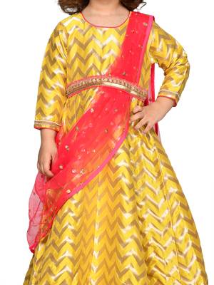 Yellow hand woven jacquard kids-girl-gowns 3