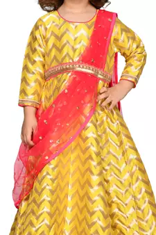 Yellow hand woven jacquard kids-girl-gowns
