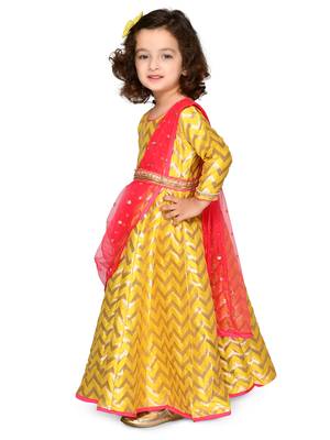 Yellow hand woven jacquard kids-girl-gowns 4