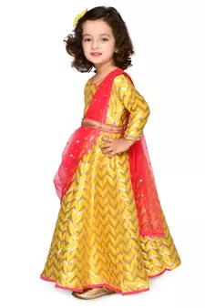 Yellow hand woven jacquard kids-girl-gowns