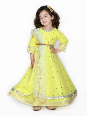 Yellow hand woven silk blend kids-girl-gowns 1