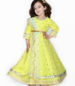 Yellow hand woven silk blend kids-girl-gowns
