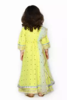 Yellow hand woven silk blend kids-girl-gowns