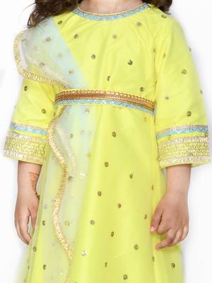 Yellow hand woven silk blend kids-girl-gowns 3