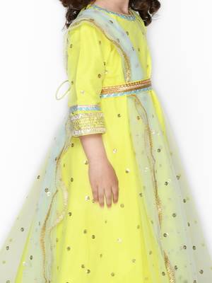 Yellow hand woven silk blend kids-girl-gowns 4