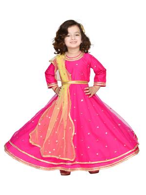 Pink hand woven silk blend kids-girl-gowns 1
