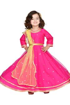 Pink hand woven silk blend kids-girl-gowns