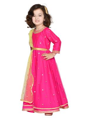Pink hand woven silk blend kids-girl-gowns 4