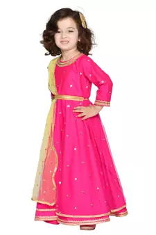 Pink hand woven silk blend kids-girl-gowns