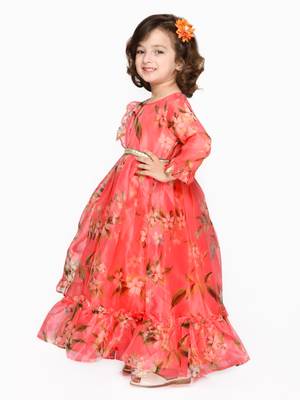 Pink printed silk blend kids-girl-gowns 2