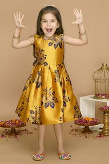 Yellow woven jacquard kids-girl-gowns