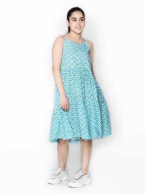 Blue printed cotton kids-girl-gowns 1