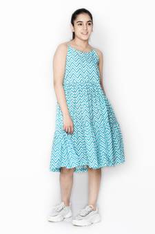 Blue printed cotton kids-girl-gowns