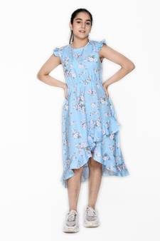 Blue printed cotton kids-girl-gowns