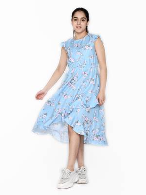 Blue printed cotton kids-girl-gowns 3