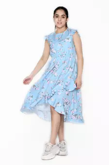 Blue printed cotton kids-girl-gowns