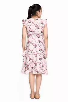 Beige printed cotton kids-girl-gowns
