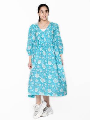 Blue printed cotton kids-girl-gowns 1