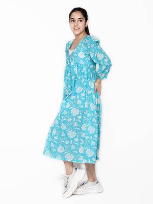 Blue printed cotton kids-girl-gowns 4