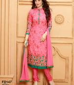 pink embroidered chiffon  unstitched salwar with dupatta