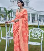 Starfish Orange Lucknowi Cotton Silk Saree With Work Blouse