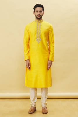 Yellow embroidered art silk kurta-pajama 1