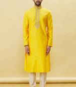 Yellow embroidered art silk kurta-pajama
