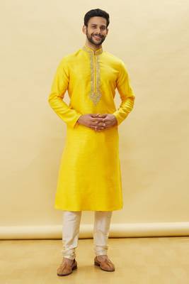 Yellow embroidered art silk kurta-pajama 2