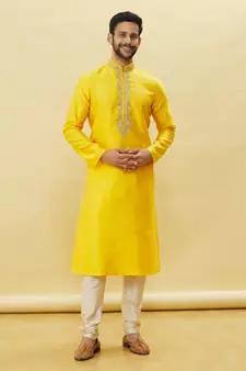 Yellow embroidered art silk kurta-pajama
