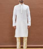 White embroidered art silk kurta-pajama