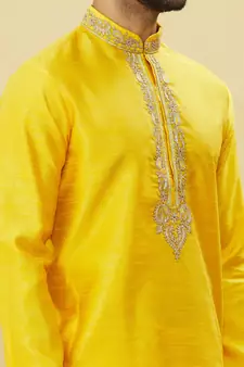 Yellow embroidered art silk kurta-pajama