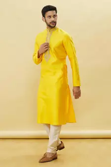 Yellow embroidered art silk kurta-pajama