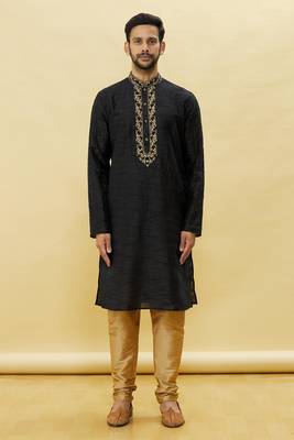 Black embroidered art silk kurta-pajama 1